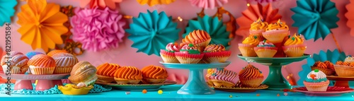 A vibrant Mexican bakery with colorful conchas and pan dulce, set against a festive backdrop with papel picado decorations photo