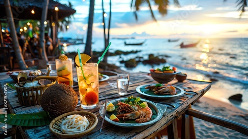 A vibrant scene of a Thai beachside restaurant with a table set with various seafood dishes and fresh coconut drinks, overlooking the ocean photo