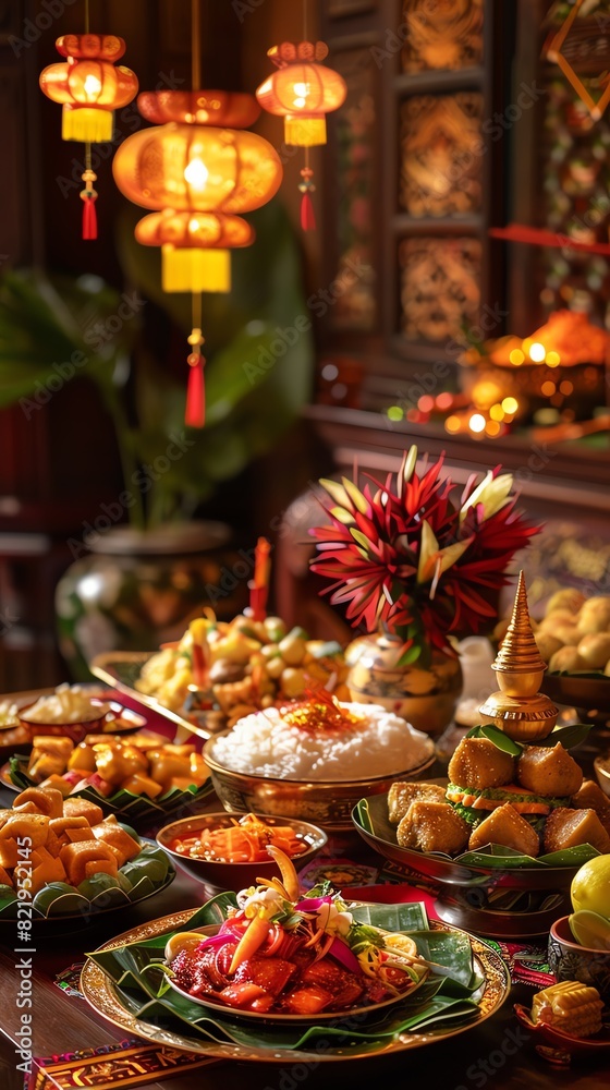 A vibrant scene of a traditional Thai new year celebration with tables set with various Thai dishes and festive decorations A vibrant scene of a traditional Thai new year celebration with tables set with various Thai dishes and festive decorations