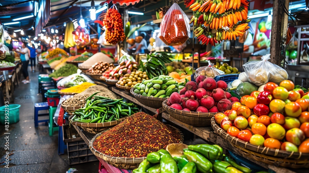 Obraz premium A vibrant scene of a traditional Thai market with vendors selling fresh produce and spices, with colorful displays and a lively atmosphere