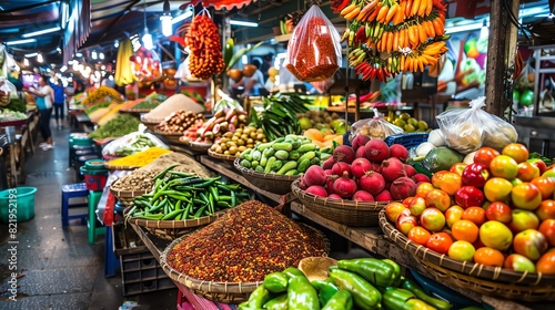A vibrant scene of a traditional Thai market with vendors selling fresh produce and spices, with colorful displays and a lively atmosphere
