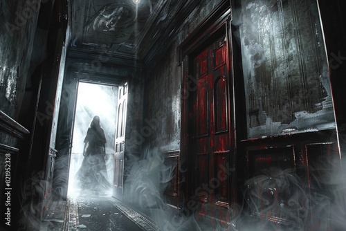 A ghostly figure standing in a dark hallway. Perfect for horror-themed designs