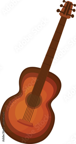 Detailed classic acoustic guitar illustration in vector graphic art with brown wooden design and stylized silhouette  isolated on white background