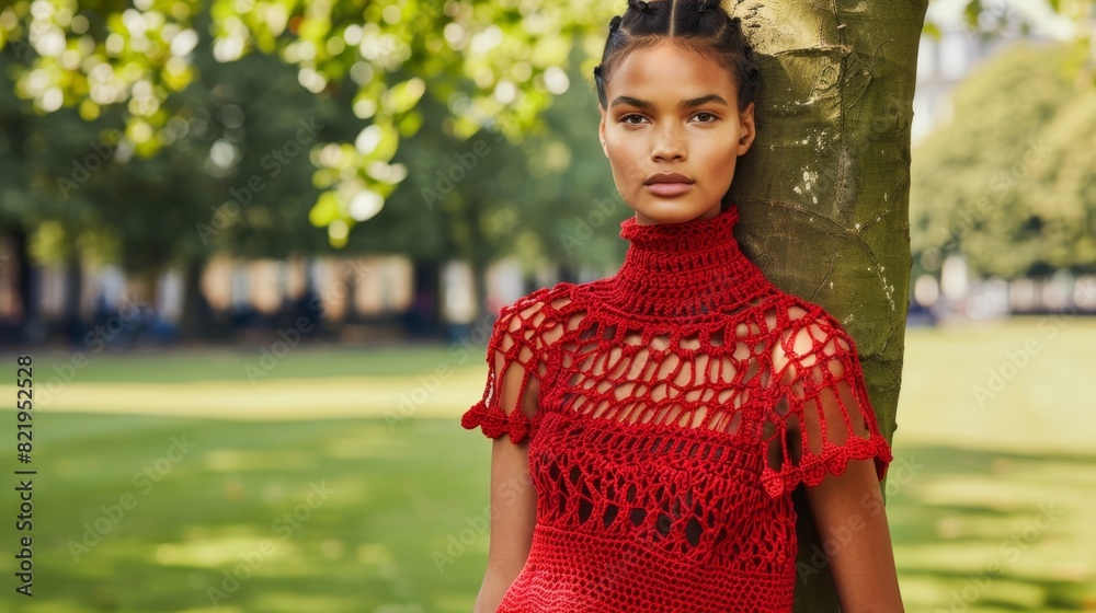 Fototapeta premium Elegant Woman in Fashionable Red Crochet Top Posing in Park