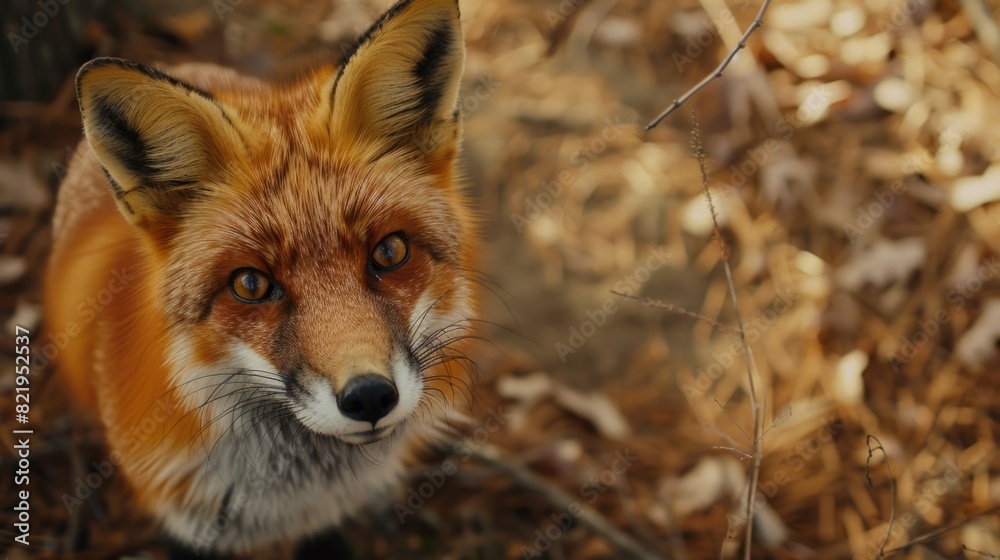 Fototapeta premium Close-up of a red fox looking directly at the camera. Suitable for various nature and wildlife themes