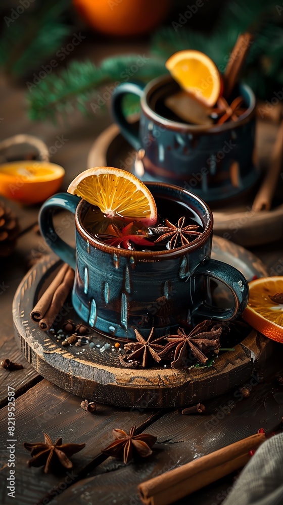 Two blue mugs of mulled wine on a wooden table