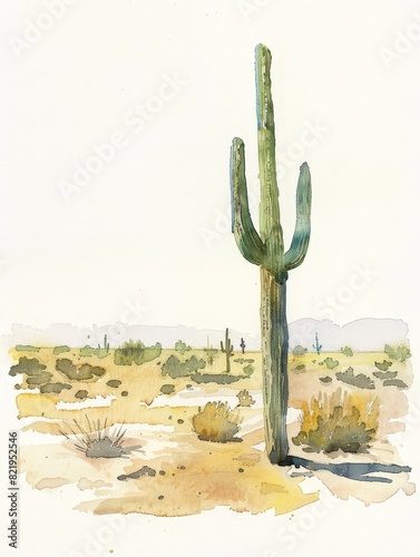 Watercolor painting of a cactus on the desert. Use for phone wallpapers, posters, postcards, brochures.