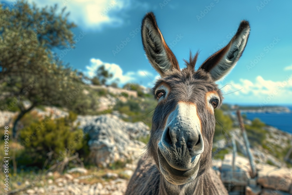 A donkey standing on a rocky hillside, suitable for nature and animal themes