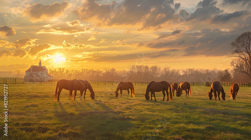 Thoroughbred Horses Grazing at Sunset photo
