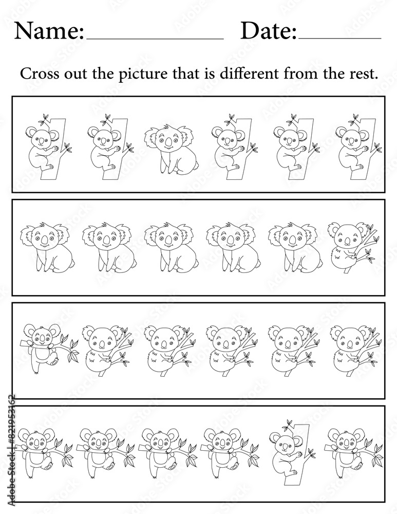 Koala Puzzle. Printable Activity Page for Kids. Educational Resources for School for Kids. Kids Activity Worksheet. Find the Different Object
