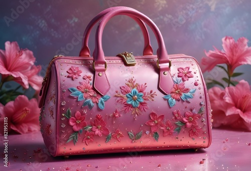 Luksusowa różowa torebka z naszytymi diamentami i haftem z elementami prawdziwego złota i kryształów i kwiecistych wzorów