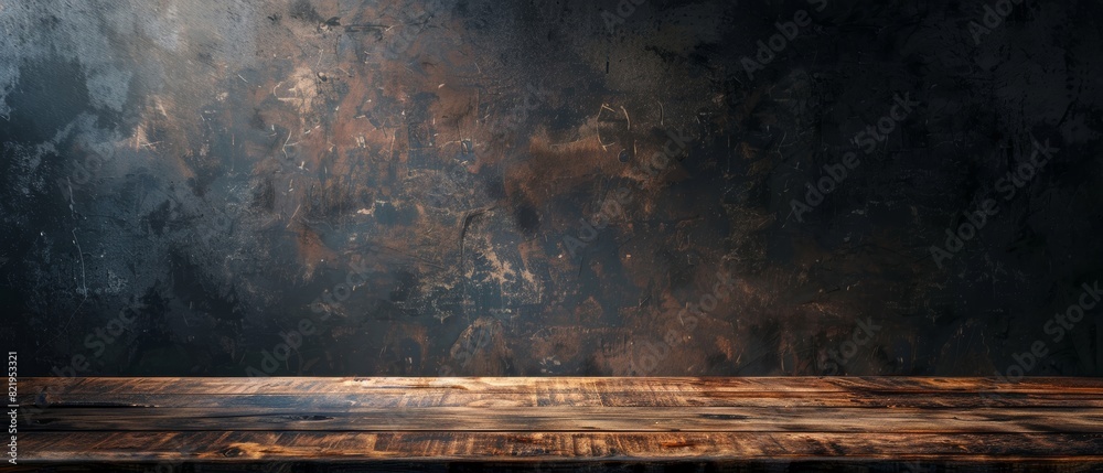 Wooden table with dark textured background and spotlight. Wooden table with dark textured background and spotlight.
