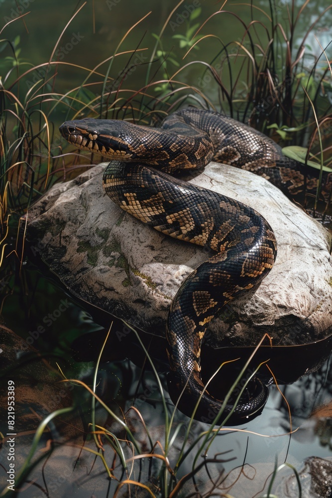 Naklejka premium A snake resting on a rock in the water. Suitable for nature themes