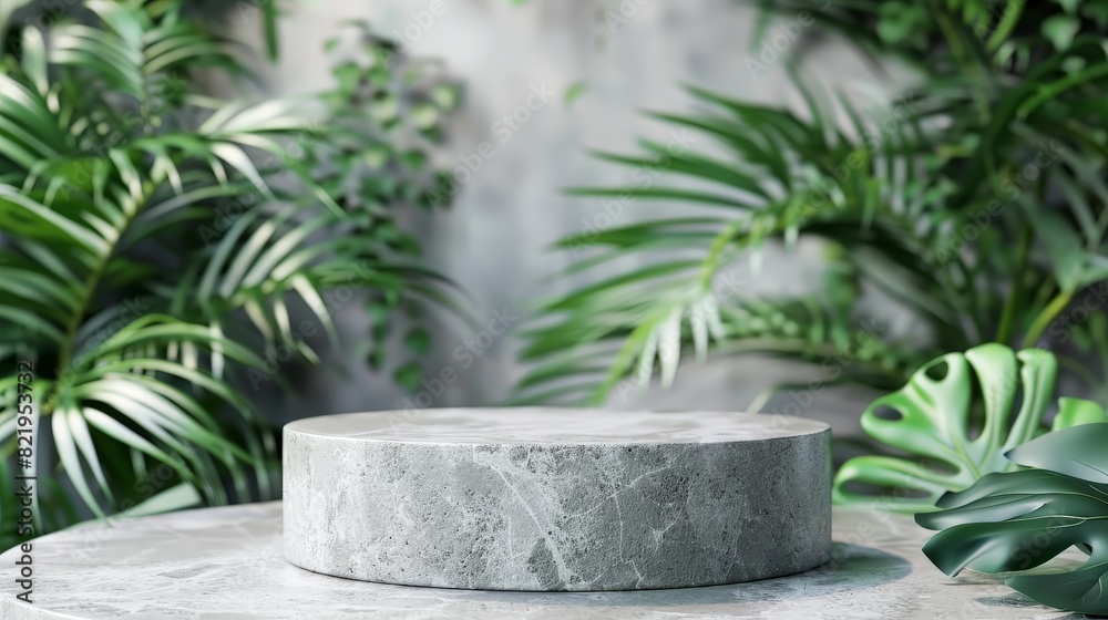 This mockup features an empty round gray stone podium, set against a background of tropical leaves, designed to elegantly display cosmetics products in a natural and appealing way. This mockup features an empty round gray stone podium, set against a background of tropical leaves, designed to elegantly display cosmetics products in a natural and appealing way.