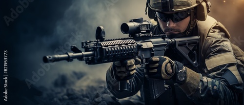 portrait of special forces soldier aiming assault rifle photo