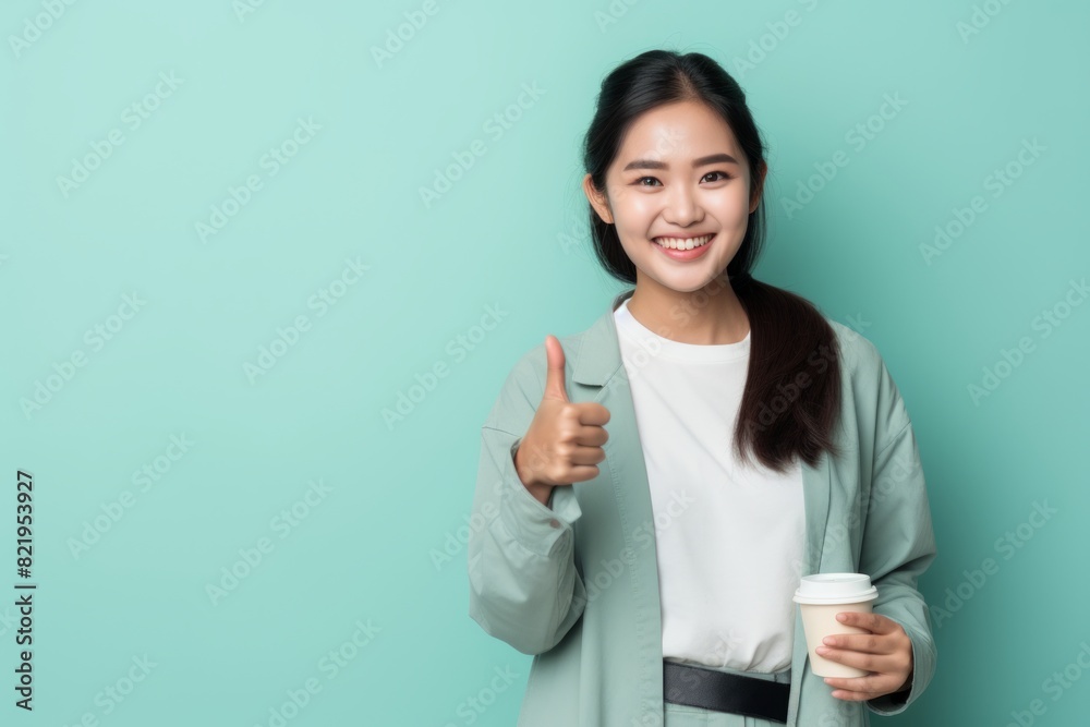 Portrait of a cheerful asian woman in her 20s showing a thumb up on solid pastel color wall Portrait of a cheerful asian woman in her 20s showing a thumb up on solid pastel color wall
