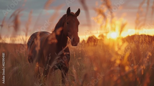 A horse standing in a field of tall grass. Suitable for nature or animal themes photo