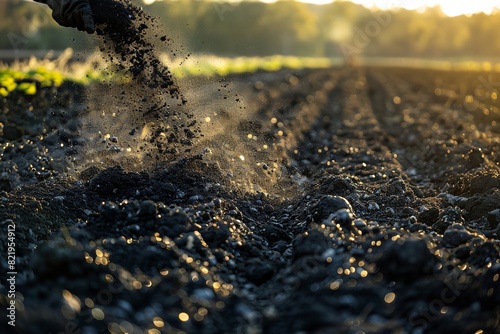 A close shot of a farmer hand implementing biochar in his land soil health benefits on land with a big blurry space for text or product advertisement,  Generative AI.