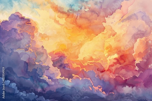 Beautiful painting of a colorful sky with fluffy clouds. Perfect for adding a pop of color to any room photo
