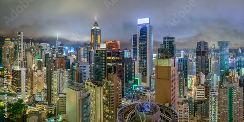 Photography Panoramic aerial view over Hong Kong's financial district at night in the Wan Ch