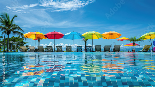 Umbrellas and sun loungers in the water park