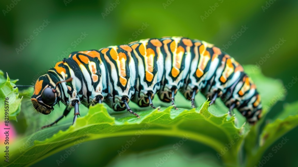 Detailed close-up of a caterpillar butterfly on a green leaf. Suitable for educational materials or nature-themed designs Detailed close-up of a caterpillar butterfly on a green leaf. Suitable for educational materials or nature-themed designs