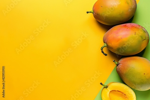 Cut ripe mangoes and space for text on color background, top view - photo