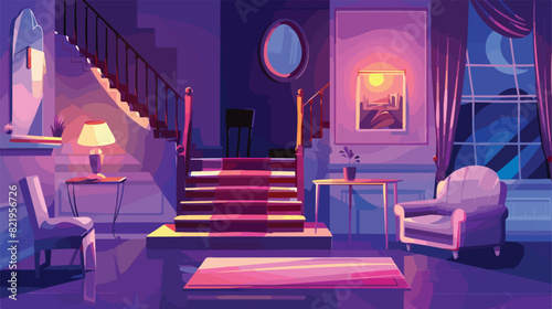Night home living room interior cartoon background