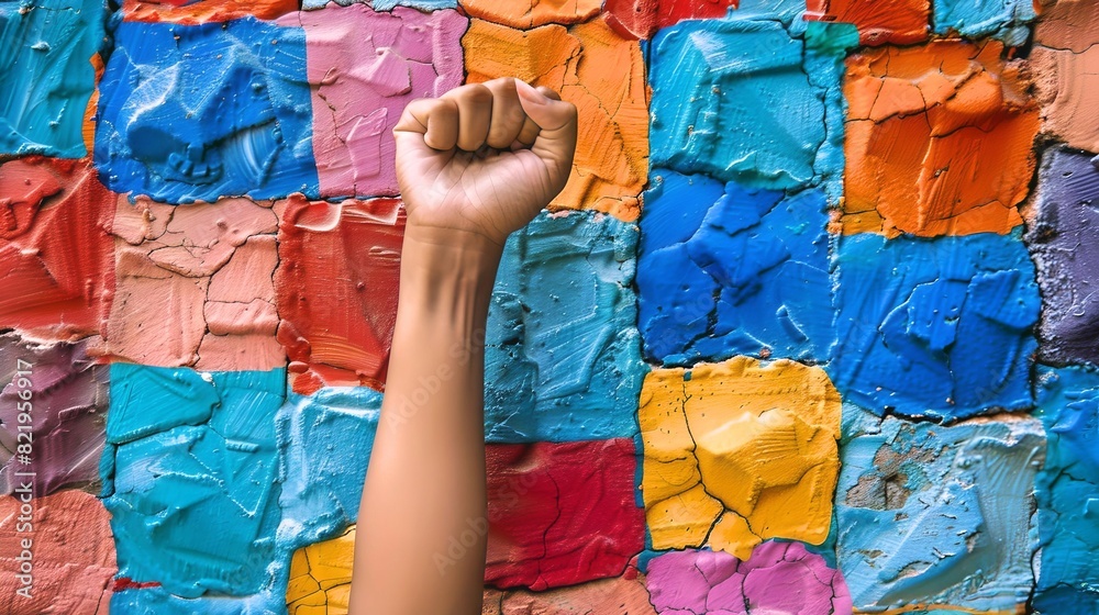 Raised Fist Against Colorful Textured Wall