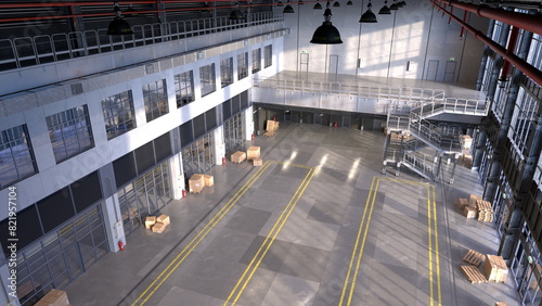 Clean warehouse with pallets and packages. Sunlight streams through large windows. 3d render