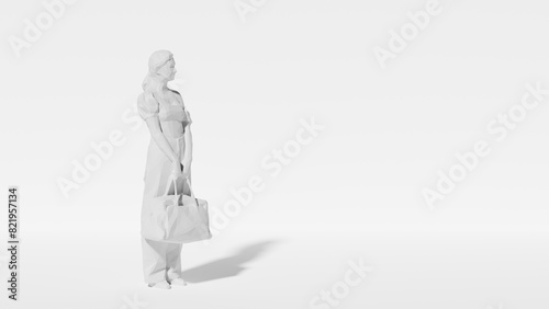 Woman stands alone holding a tote bag in a stark on white background. 3d render