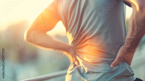 A man with a back brace is standing outside in the sun. Concept of discomfort and pain, as the man is likely experiencing back pain and is trying to alleviate it. photo