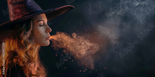 A beautiful young witch in a hat casts a spell on a dark background. Halloween themed banner photo