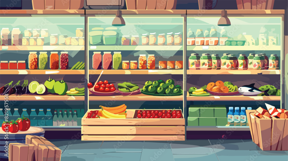 Supermarket interior design. Vector cartoon illustration