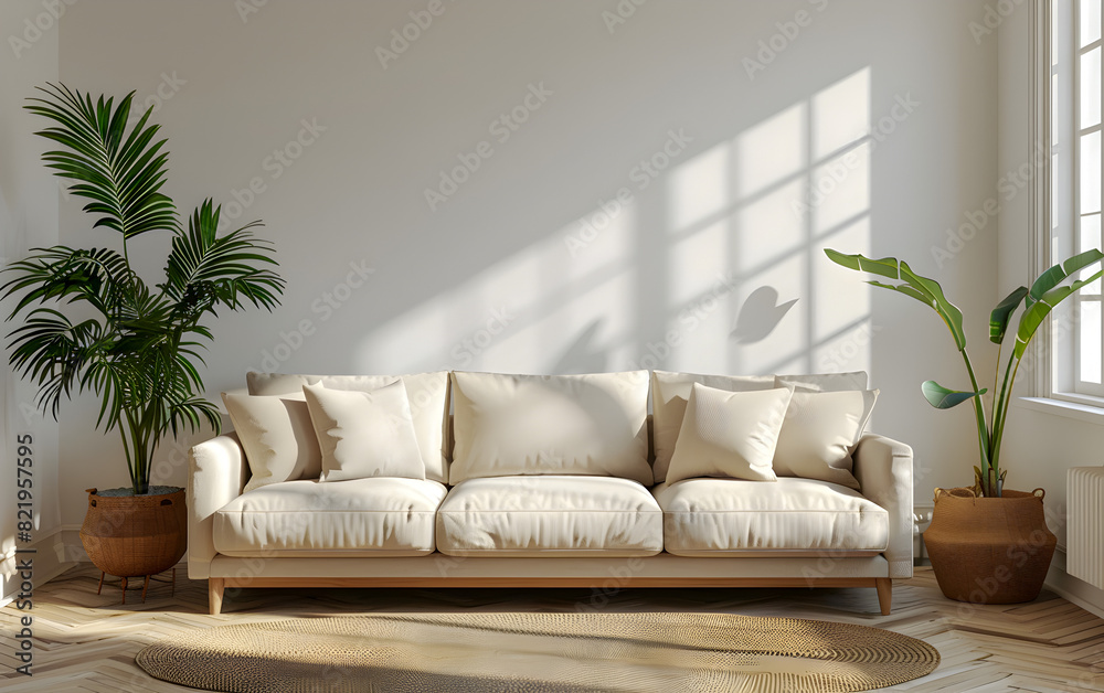 Front view boho home interior design of modern living room