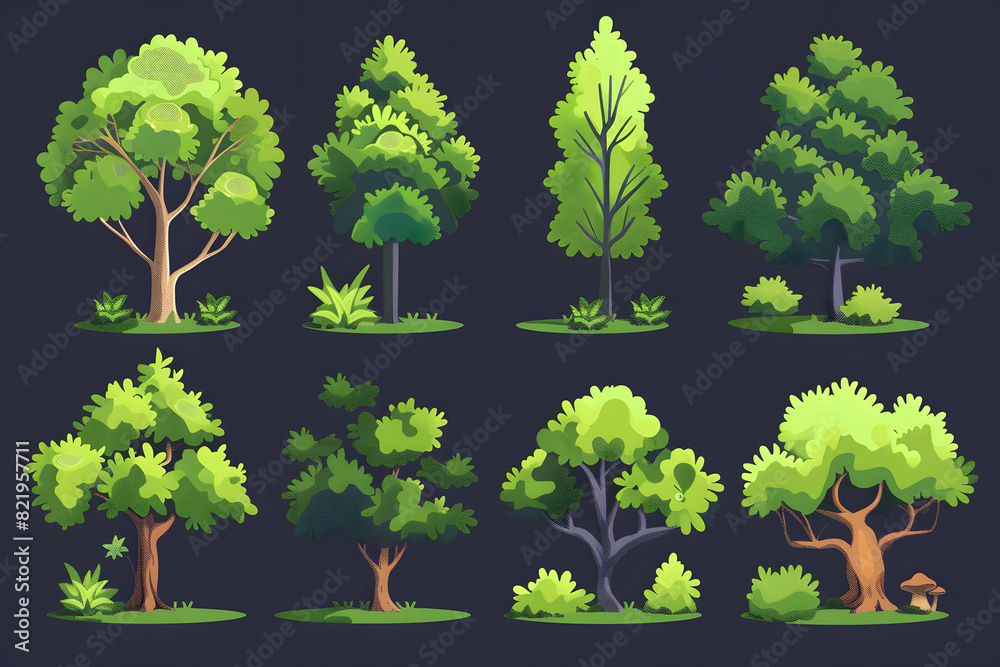 Fototapeta premium Trees and bushes flat cartoon illustration collection, game assets isolated on black background