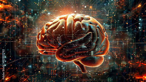 Human brain and microcircuit merging, symbolizing AI's potential to enhance human cognition and problem-solving. photo