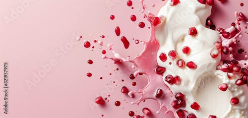 Pink and white abstract splash with pomegranate seeds.