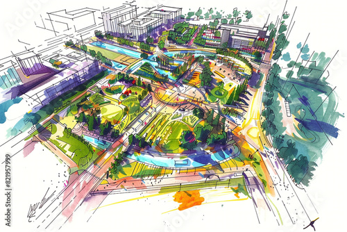 Urban planning sketch highlighting sustainable elements like green spaces  public transportation  and pedestrian zones - Generative AI 