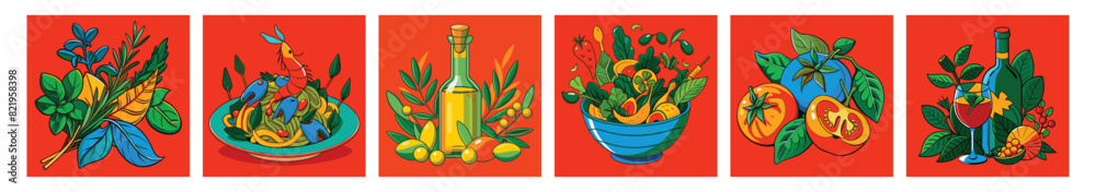 Bright icons on a red background depicting various dishes and ingredients: fresh vegetables, pasta with seafood, a bottle of olive oil, salads, tomatoes and wine. Theme: Mediterranean cuisine.