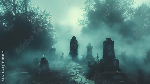 A ghostly figure emerging from a grave in a foggy Halloween graveyard photo