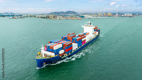 container ship sailing in sea, shipping business and industry service of cargo logistic import and export international freight transportation by container ship in open sea, aerial view