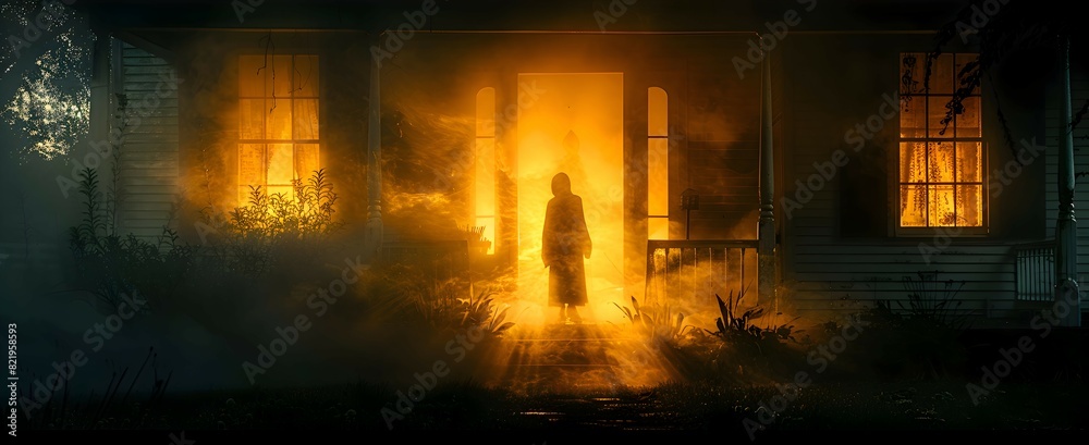 A ghostly figure standing in the doorway of a Halloween haunted house