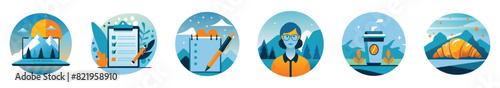 Collection of icons on background depicting different objects and symbols: task list, notepad, croissant, cup of coffee, businesswoman and laptop. Symbolizes the working day and office affairs
