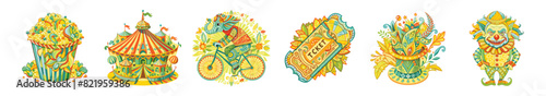 Detailed realistic icons on the theme of circus and festivals. Icons on the theme of holiday and festival.Icon of circus, clown, popcorn, ticket and magician's hat. Vector set of icons 