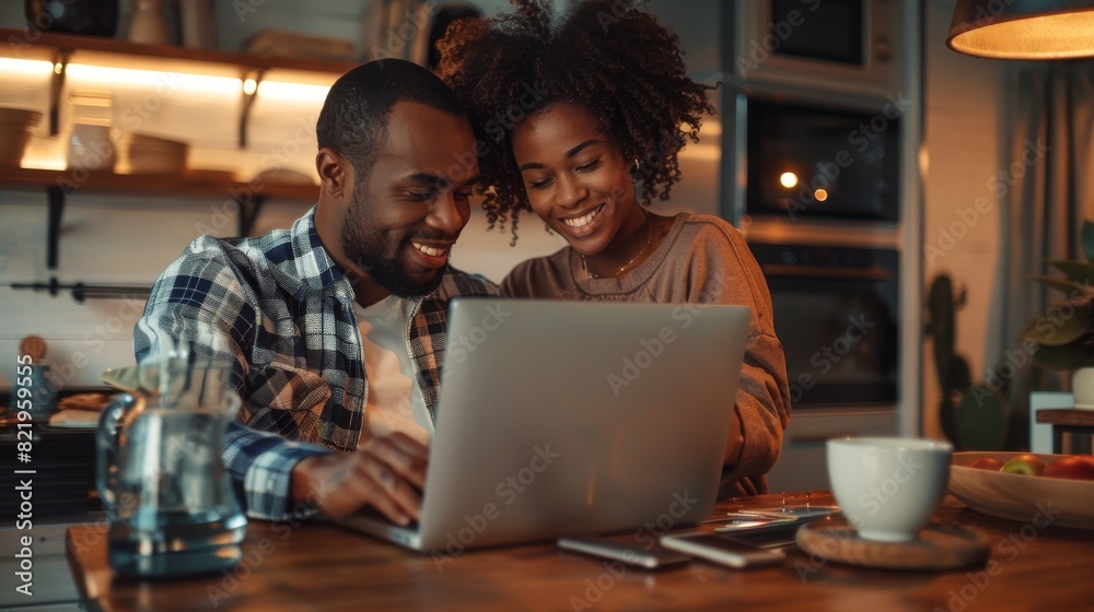 Happy couple working on a laptop together at home, sharing a cozy evening in the kitchen with coffee and smiles. Happy couple working on a laptop together at home, sharing a cozy evening in the kitchen with coffee and smiles.
