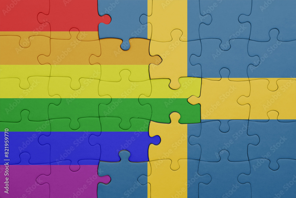 puzzle with the colourful national flag of sweden and rainbow gay pride flag . puzzle with the colourful national flag of sweden and rainbow gay pride flag .
