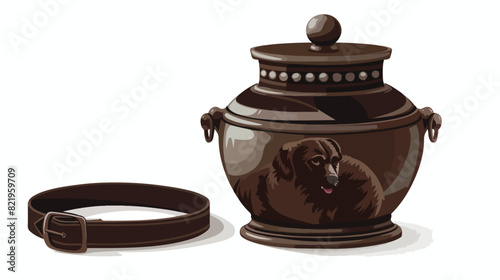 Mortuary urn and dog collar isolated on white background