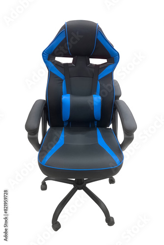 black gaming chair on wheels isolated on white background