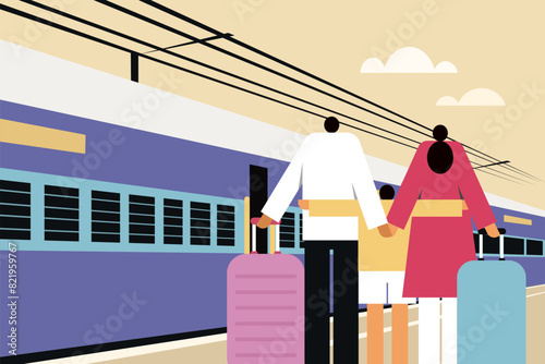 Illustration of an Indian family on a vacation trip standing in a railway station